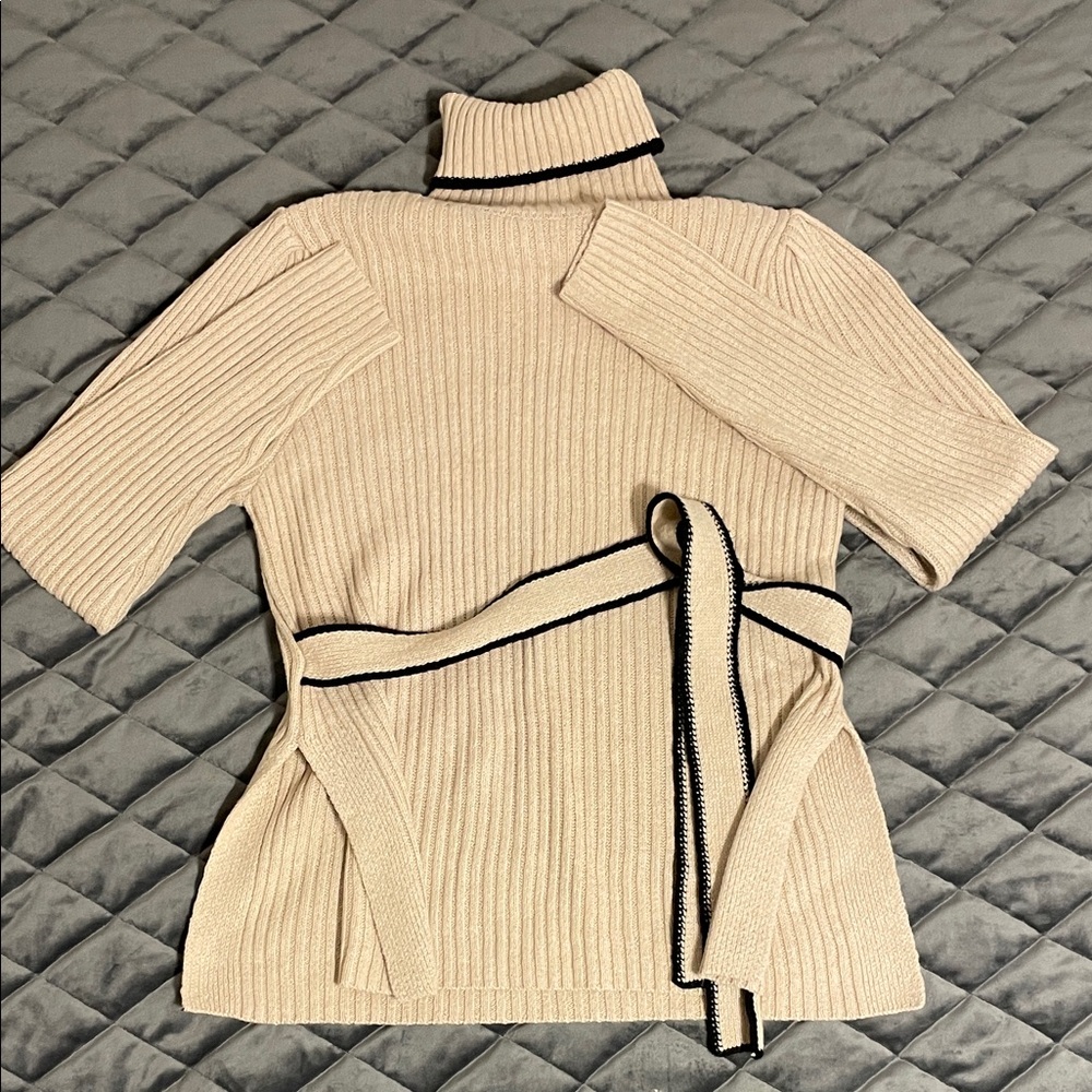 SHEIN Beige Turtleneck Sweater with Black Trim